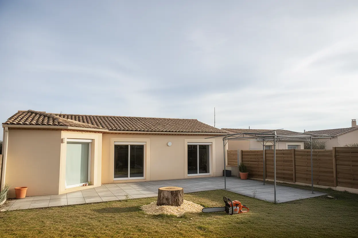Terrasse dégagée après abattage du pin à Béziers