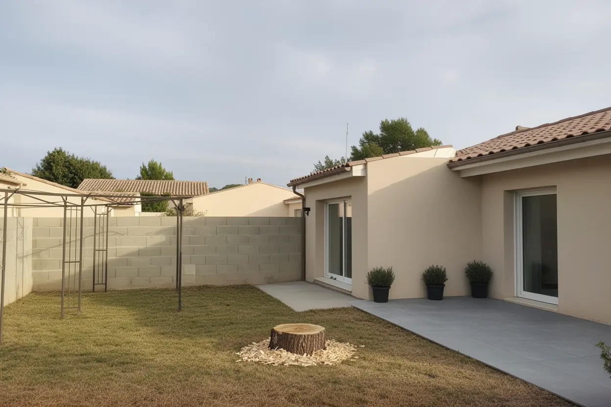 Terrasse dégagée après démontage du pin à Villeneuve-lès-Béziers