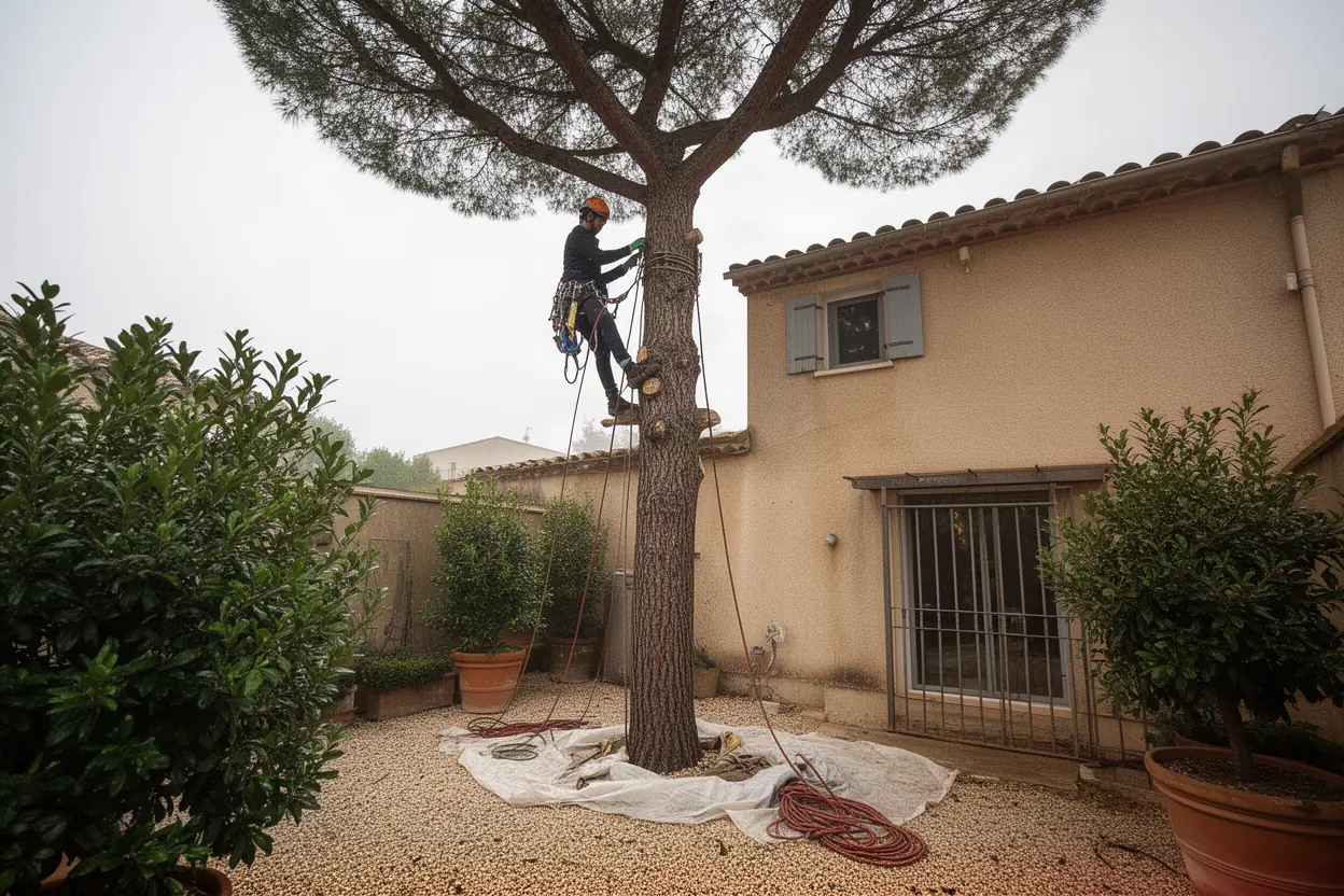 Élagueur grimpeur progressant dans un platane à Sérignan